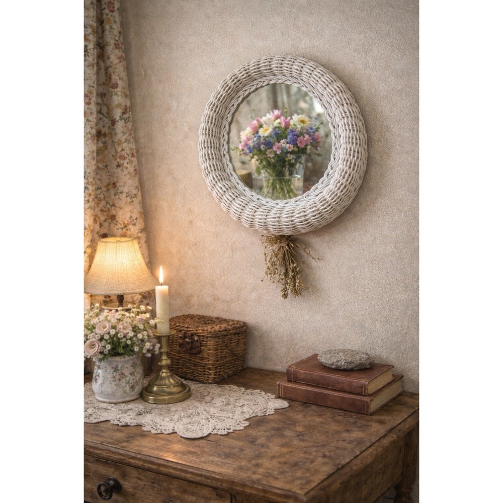 Vintage Wicker Round Wall Mirror | Coastal Cottagecore Boho Decor